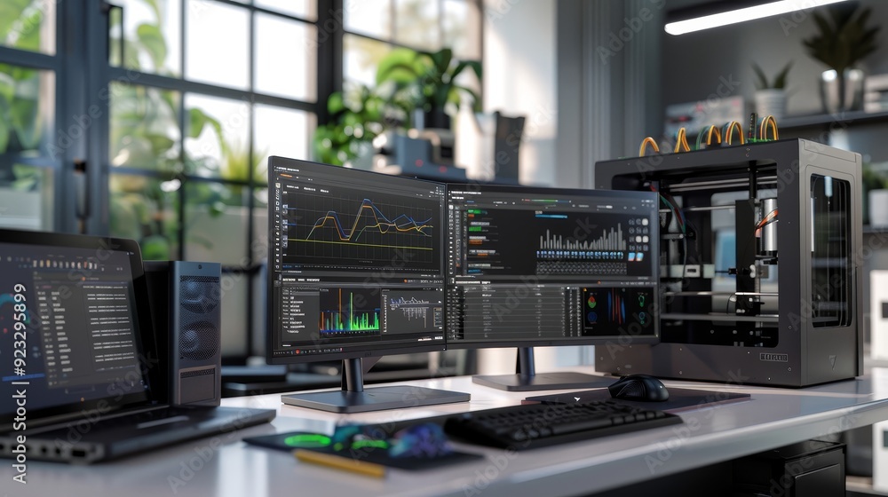 CuttingEdge Technology Engineers' Dual Monitor Workstation with 3D Printer and Professional Tools CuttingEdge Technology Engineers' Dual Monitor Workstation with 3D Printer and Professional Tools