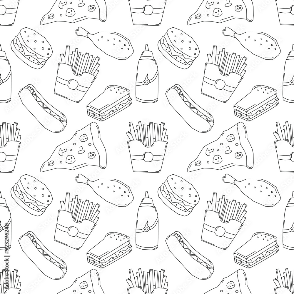 Seamless fast food pattern. fast food background. Doodle fastfood icons. Drawn food pattern Seamless fast food pattern. fast food background. Doodle fastfood icons. Drawn food pattern