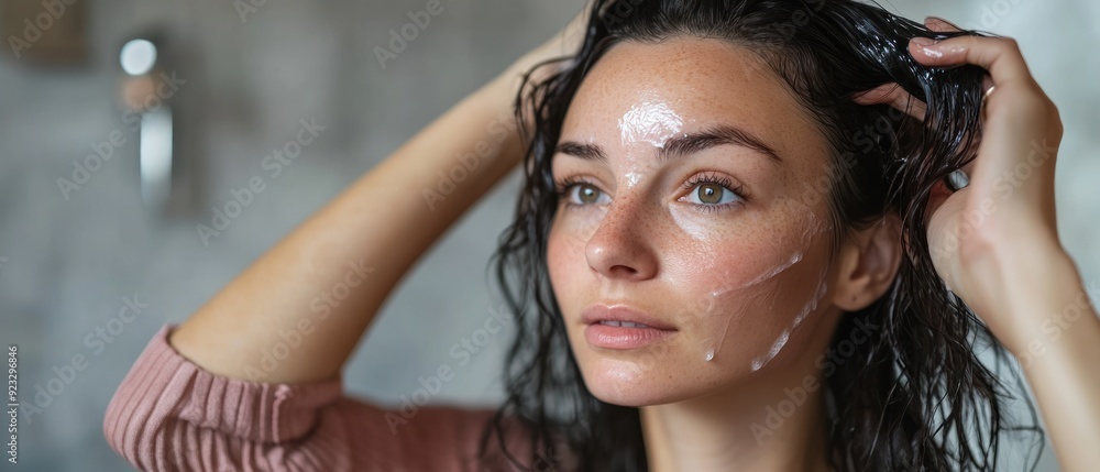 Young brunette woman applying hair product in bathroom Young brunette woman applying hair product in bathroom