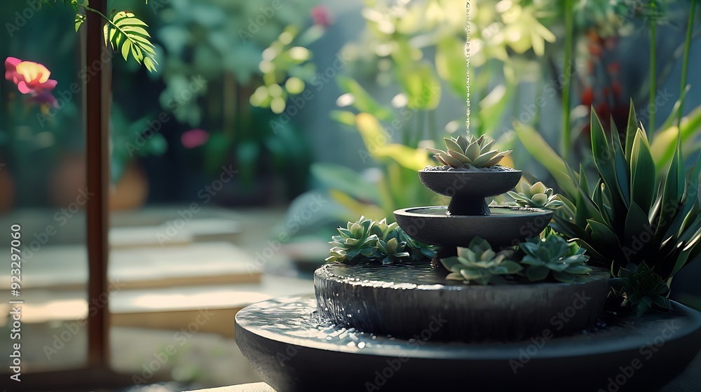 A tranquil meditation corner with a small water fountain and an arrangement of zen succulents, promoting peace and mindfulness. A tranquil meditation corner with a small water fountain and an arrangement of zen succulents, promoting peace and mindfulness.