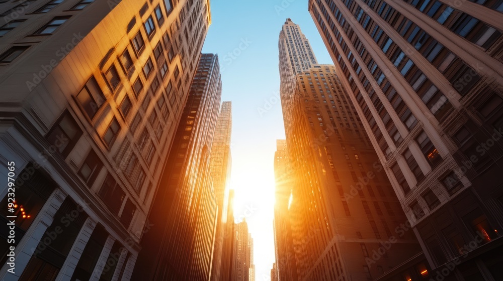 Fototapeta premium Urban Skyline at Dusk with High-Rise Towers and Sunlight