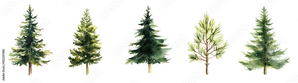 Watercolor Illustration of Five Evergreen Trees Watercolor Illustration of Five Evergreen Trees