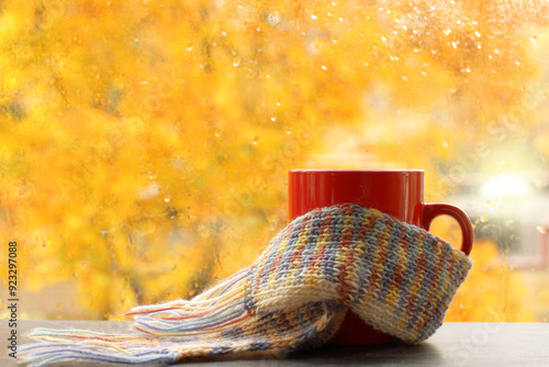 red mug wrapped in colorful knitted scarf against window after rain. warming tea on autumn day