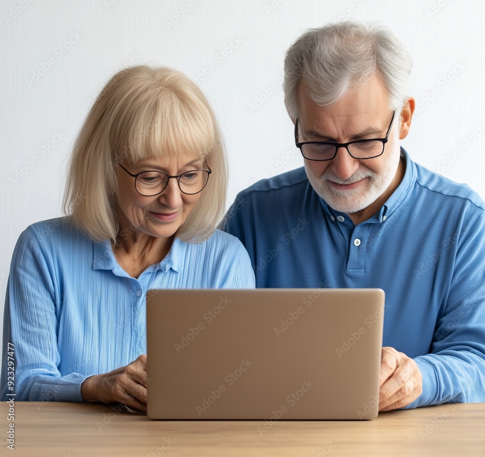 Elderly couple using a laptop at home, both smile warmly. Elderly couple using a laptop at home, both smile warmly.