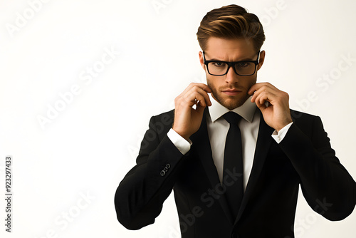 Focused Businessman Adjusting Suit Collar in Stylish Attire