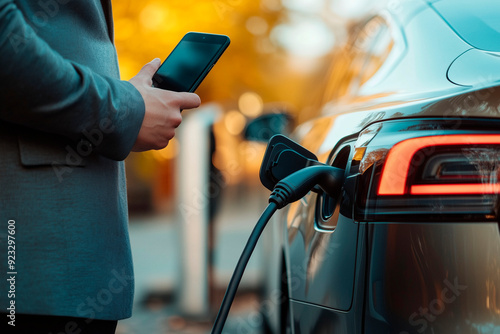 Geschäftsmann lädt sein Elektroauto auf und nutzt sein Smartphone, urbanes Leben, nachhaltige Mobilität, moderne Technologie, umweltfreundlicher Verkehr photo