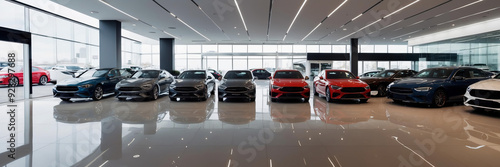 Sleek cars are showcased under bright lights in contemporary showroom setting