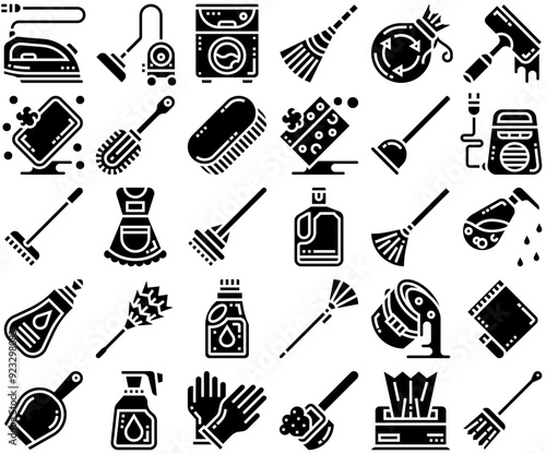 Set Of Cleaning Glyph Icons Web Header Banner Design Containing Brush,Detergent,Clean,Cleaning,Hygiene Business Infographic Elements Logo Vector Illustration