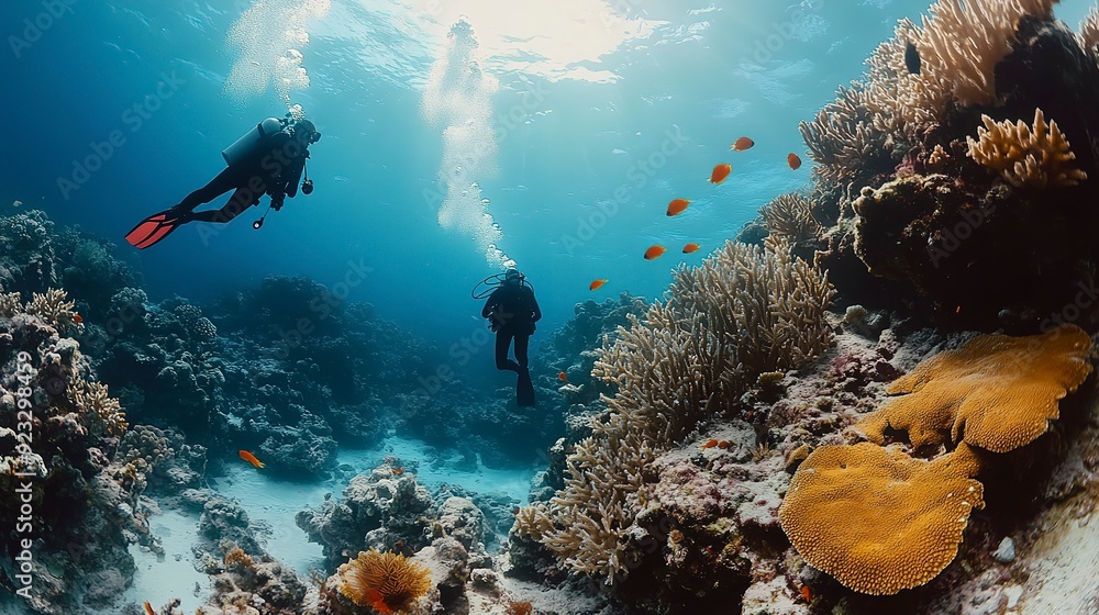 Diverse coral reef explored by scuba divers ultra-realistic photo Diverse coral reef explored by scuba divers ultra-realistic photo