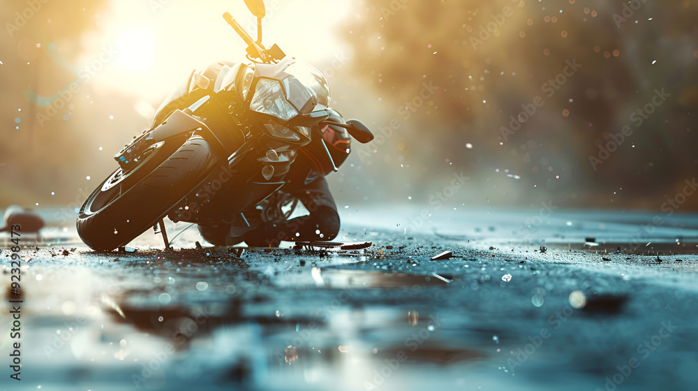 Crashed motorcycle lying on a wet road with debris around, motorcycle accident, road debris, damaged bike Crashed motorcycle lying on a wet road with debris around, motorcycle accident, road debris, damaged bike