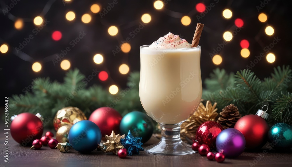 dark Christmas decoration background including an arrangement of colorful ornaments and a glass of eggnog, with a blurred background and clear copy space, ai dark Christmas decoration background including an arrangement of colorful ornaments and a glass of eggnog, with a blurred background and clear copy space, ai