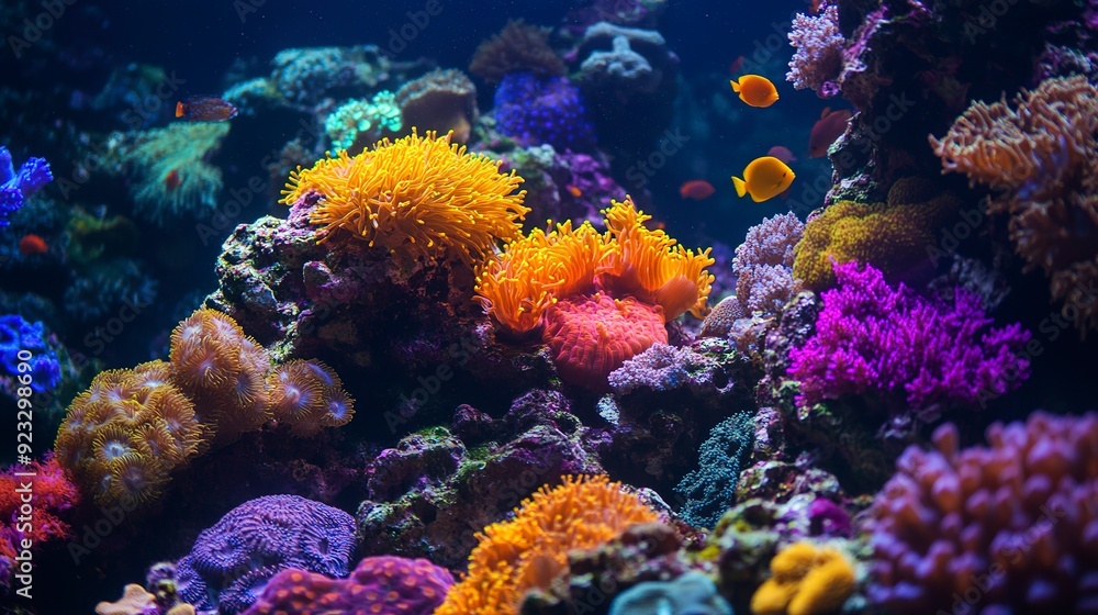 Naklejka premium Colorful corals and marine life on a vibrant coral reef