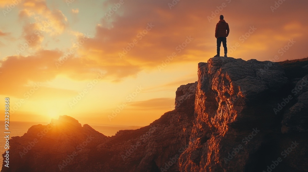 Man Standing on a Cliff at Sunset Man Standing on a Cliff at Sunset