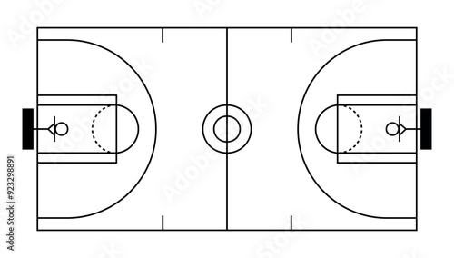Top view basketball court black drawing image. Clipart image. Vector illustration isolated on white background.