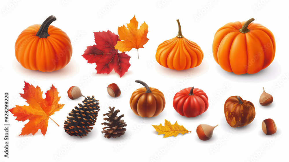 Collection of autumn elements including pumpkins, colorful leaves, acorns, and pinecones on a white background, ideal for seasonal designs.
Collection of autumn elements including pumpkins, colorful leaves, acorns, and pinecones on a white background, ideal for seasonal designs.