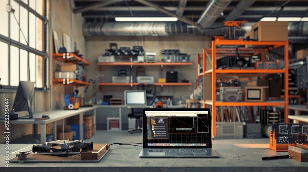 Fototapeta premium Digital Innovation Modern Industrial Workshop with CAD Prototypes and Drafting Tools