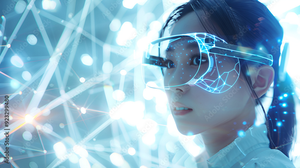 Girl in a virtual reality glasses Vr concept Technology and AI concept Futuristic image, technology concept, AI concept, futuristic image, VR headset Girl in a virtual reality glasses Vr concept Technology and AI concept Futuristic image, technology concept, AI concept, futuristic image, VR headset