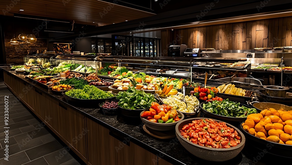 Obraz premium Fresh Salad Bar with Various Vegetables, Fruits, and Toppings
