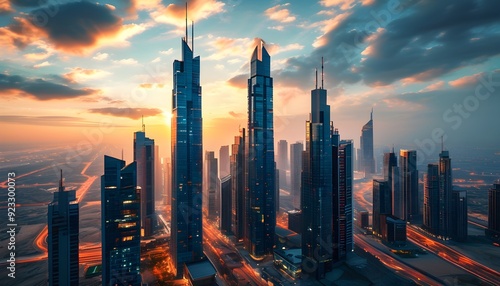 The skyscrapers of modern cities and the skyline in the sunset #923300073