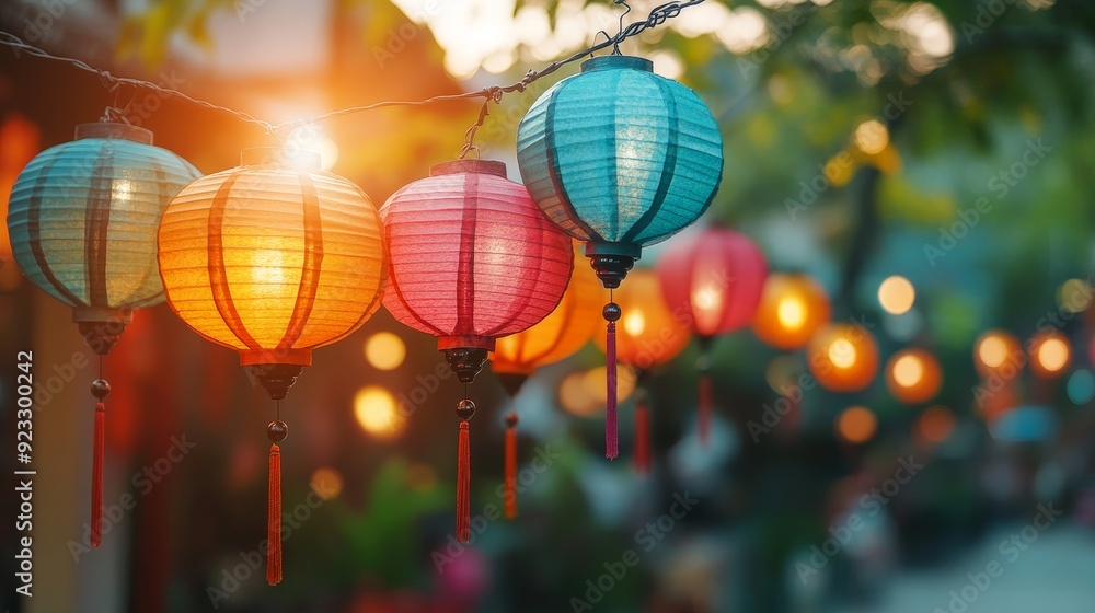 Obraz premium Traditional Indian lanterns in vibrant colors, hanging outdoors, warm evening glow