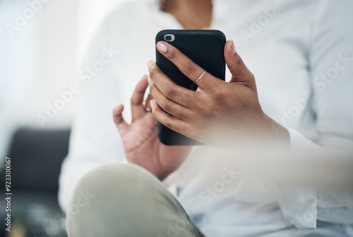 Business, hands and woman with smartphone, typing and connection with social media, internet and network. Closeup, person and entrepreneur with cellphone, mobile user and contact with message or text