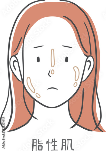 脂性肌（オイリー肌）に悩む女性のイラスト素材