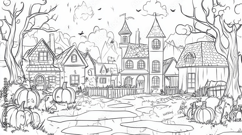Spooky Halloween Village Coloring Page, playful , featuring simple outlines and shapes, designed for adults to enjoy a creative and relaxing coloring experience. Spooky Halloween Village Coloring Page, playful , featuring simple outlines and shapes, designed for adults to enjoy a creative and relaxing coloring experience.