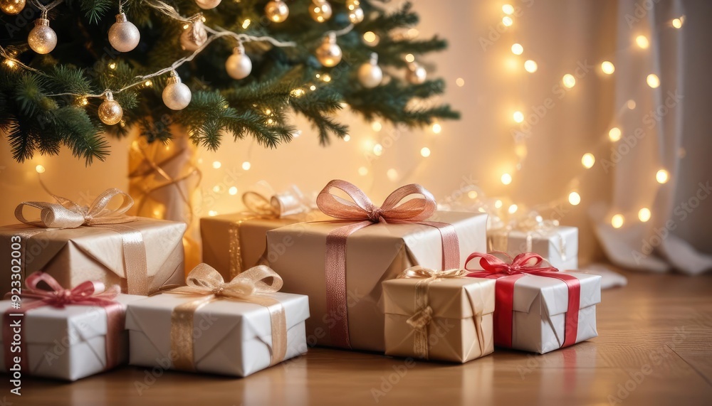 merry christmas background with a close-up of beautifully wrapped gifts under a decorated tree, soft fairy lights in the background, ai merry christmas background with a close-up of beautifully wrapped gifts under a decorated tree, soft fairy lights in the background, ai