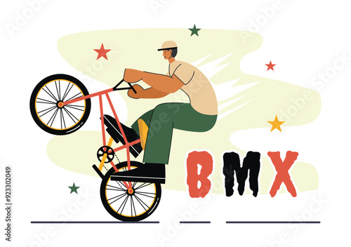 BMX Bicycle Sport Vector Illustration featuring a Man Performing Extreme Stunts, such as Jumping or Standing, in a Flat Style Cartoon Background