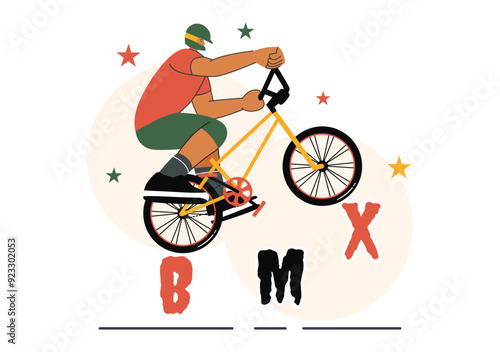 BMX Bicycle Sport Vector Illustration featuring a Man Performing Extreme Stunts, such as Jumping or Standing, in a Flat Style Cartoon Background