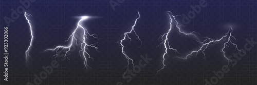 Set of the isolated realistic lightnings with transparency for design. Thunder-storm and lightnings. Magic and bright lighting effects. Natural effects