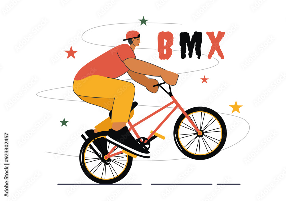 Naklejka premium BMX Bicycle Sport Vector Illustration featuring a Man Performing Extreme Stunts, such as Jumping or Standing, in a Flat Style Cartoon Background