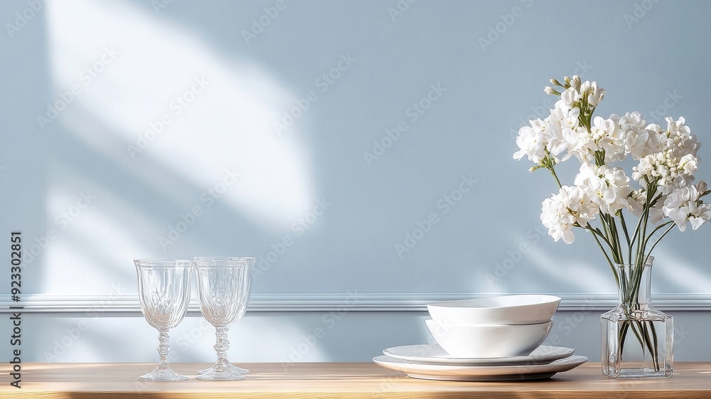 Elegant dining setup with fine china and a lilac wall. Elegant dining setup with fine china and a lilac wall.