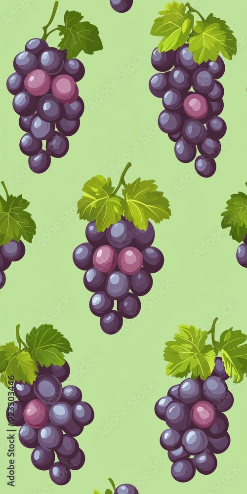 Seamless Pattern of Flat Grape Icons: Purple and Green Clustered Grapes on Pastel Green Background - Perfect for Fruit-Themed Design, Wallpaper, and Textile Projects Seamless Pattern of Flat Grape Icons: Purple and Green Clustered Grapes on Pastel Green Background - Perfect for Fruit-Themed Design, Wallpaper, and Textile Projects