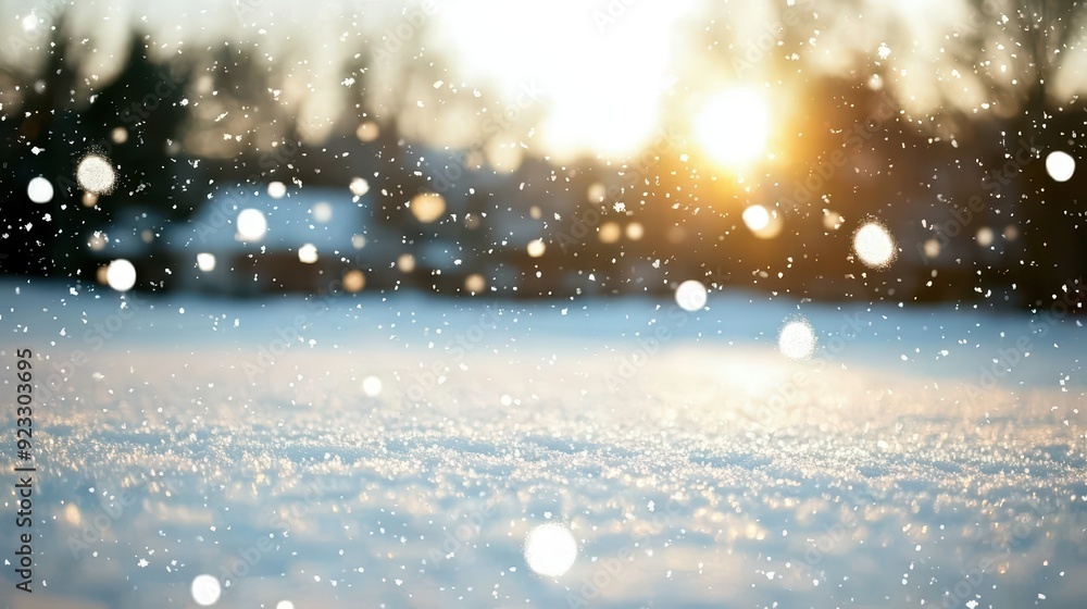Naklejka premium A serene winter scene with falling snowflakes and warm sunlight illuminating the landscape, creating a magical atmosphere.