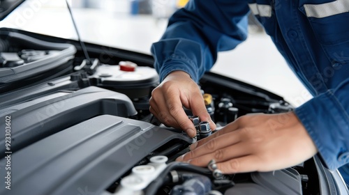 Close-up of a mechanic’s hands fixing a car engine in a garage, highlighting automotive repair, maintenance, and technical skills.