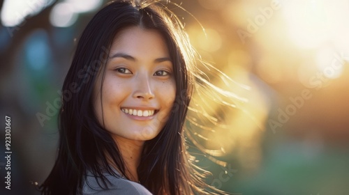 Young woman with long black hair smiles brightly, bathed in warm golden light.