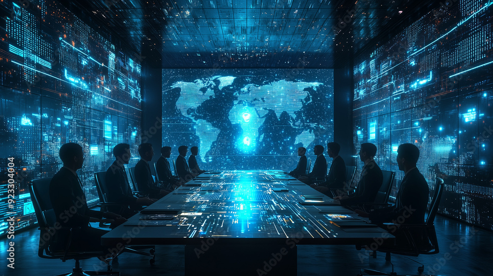 A high-tech boardroom where holographic images of diverse business leaders from around the world converge to form a unified, glowing business strategy A high-tech boardroom where holographic images of diverse business leaders from around the world converge to form a unified, glowing business strategy