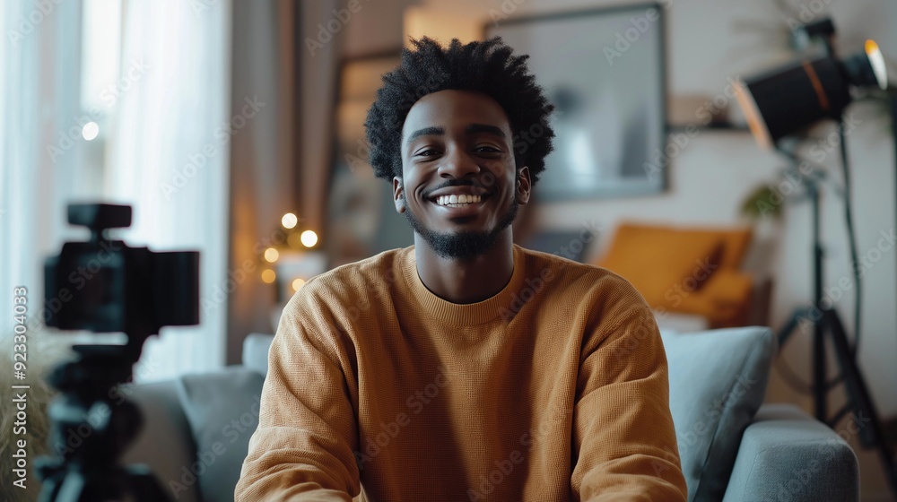 Smiling Vlogger Recording a Video at Home Using a Camera and Smartphone for Content Creation