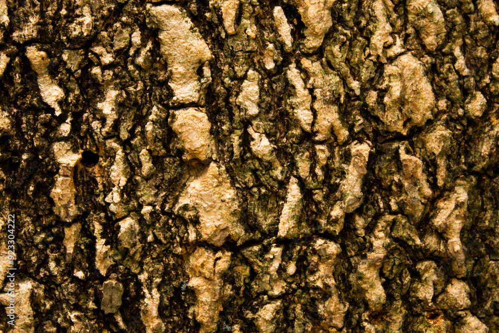 The bark of a tree is rough and textured. The bark is brown and has a few holes in it The bark of a tree is rough and textured. The bark is brown and has a few holes in it