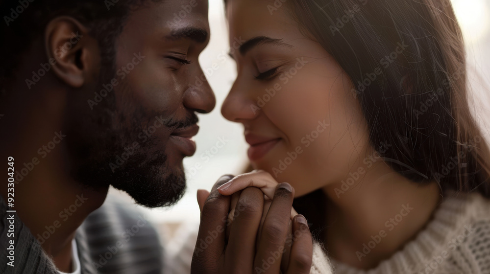 A close-up of a mixed-race couple holding hands and looking lovingly at each other, symbolizing love and acceptance. A close-up of a mixed-race couple holding hands and looking lovingly at each other, symbolizing love and acceptance.