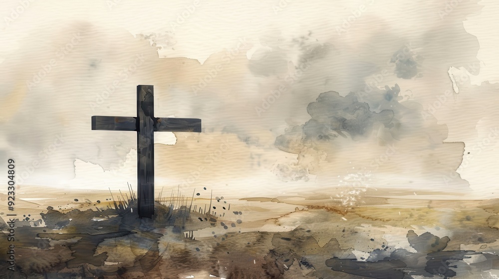 Storm Clouds Behind Cross, Biblical Illustration, Beige Background, Christian Trial and Faith, Copyspace Storm Clouds Behind Cross, Biblical Illustration, Beige Background, Christian Trial and Faith, Copyspace