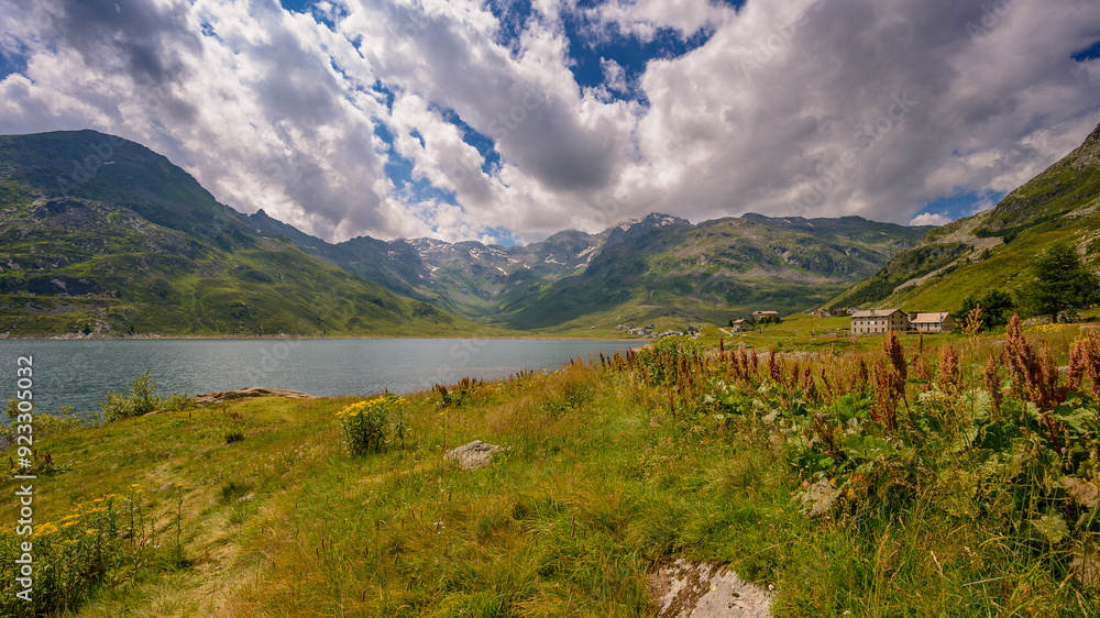 Fototapeta premium A serene alpine lake surrounded by majestic mountains on the Italy-Switzerland border. The clear blue waters reflect the rugged peaks and lush greenery, offering a peaceful and picturesque setting.
