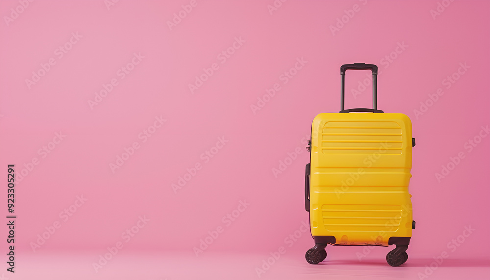 Fototapeta premium One new yellow suitcase on pink background, space for text