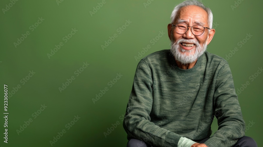 A cheerful older gentleman sits relaxed with a grin, showcasing a joyful expression in a calming backdrop