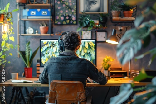 A home office setup with a person working on a computer, surrounded by various green plants and artistic decorations, creating a productive and serene environment.