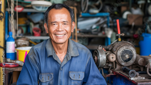 A man in a blue uniform smiles in his cluttered workshop - Generative AI