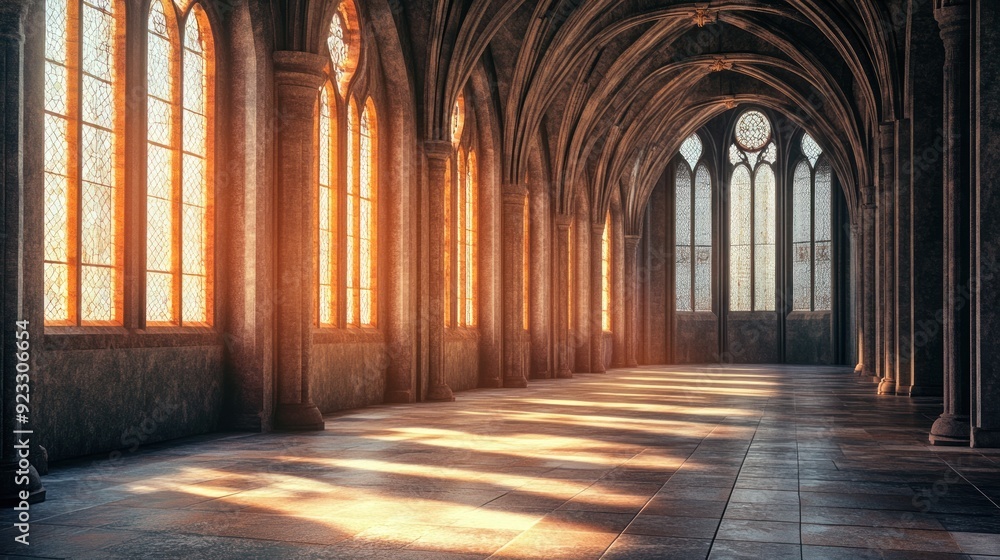 Sunlight Streaming Through Gothic Cathedral Hallway Sunlight Streaming Through Gothic Cathedral Hallway
