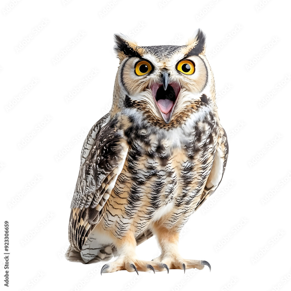 Fototapeta premium Photography of Hooting Owl Isolated on Plain White Background transparent png with High Detail
