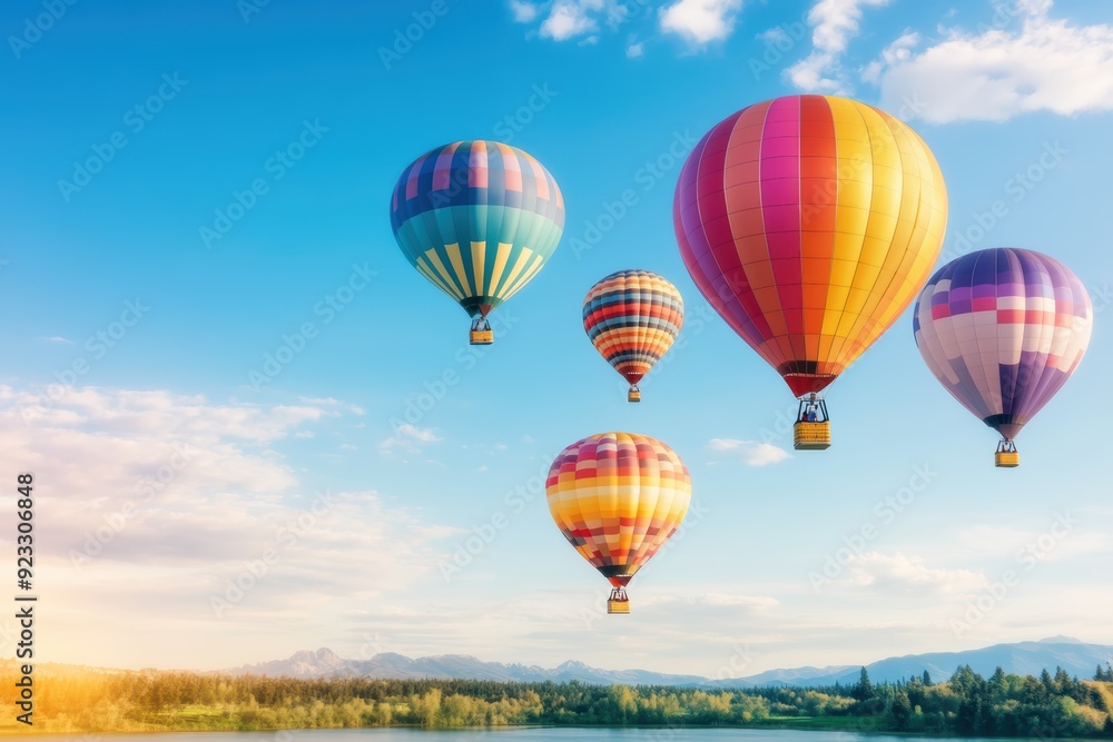 Obraz premium Colorful hot air balloons floating over a lush, green landscape under a clear blue sky, creating a peaceful and picturesque scene.